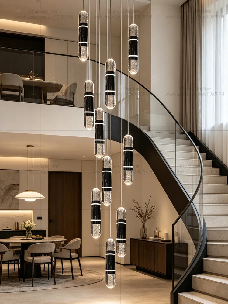 LED Luxury Capsule  Pendent Lamp Modern Vertical Stair Chandelier Long Hanging Lamp For Duplex Loft Villa High Ceiling Stairwell