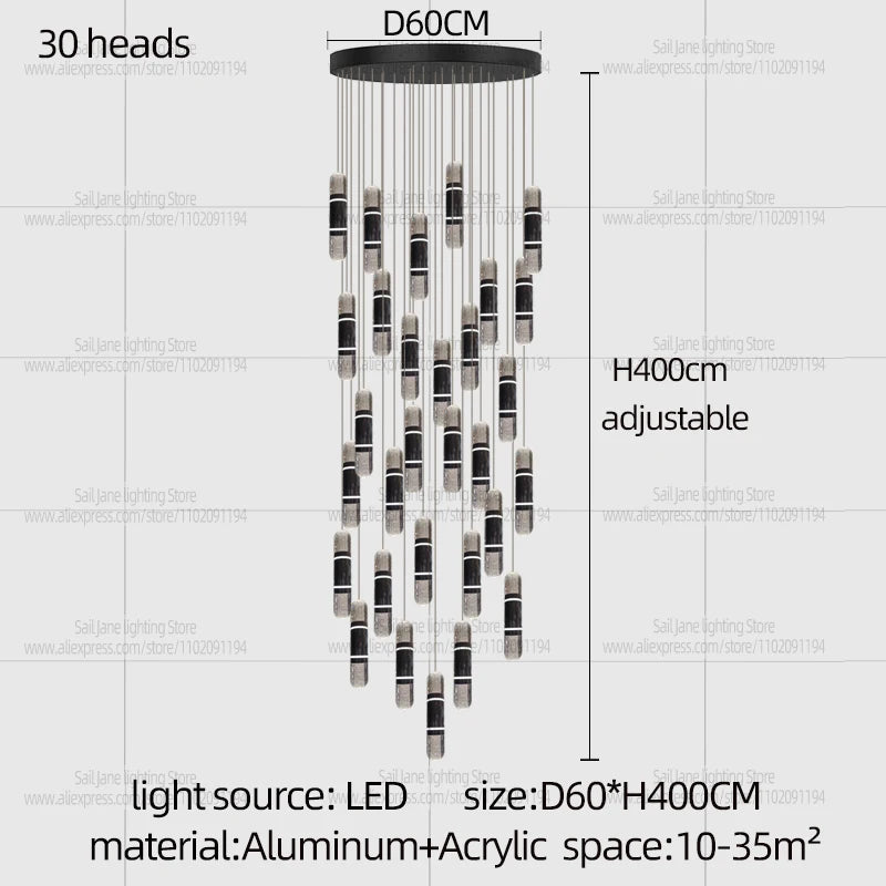 LED Luxury Capsule  Pendent Lamp Modern Vertical Stair Chandelier Long Hanging Lamp For Duplex Loft Villa High Ceiling Stairwell